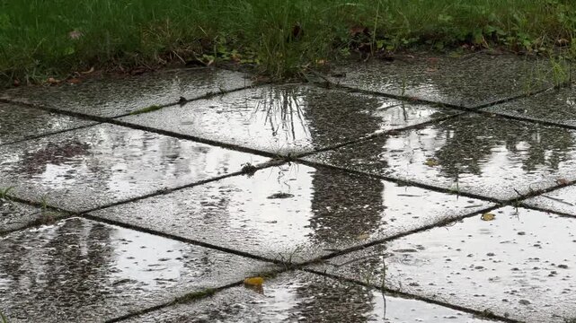 heavy rain pattering on terrace tiles