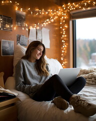 Young woman sitting on bed using laptop with fairy lights background  