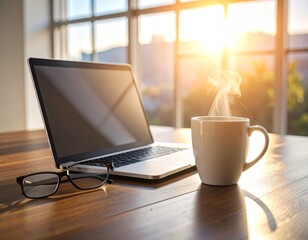 realistic office workspace with open silver laptop on dark wooden desk, black framed glasses beside keyboard, white ceramic coffee mug with steam rising, natural light from large window casting soft s