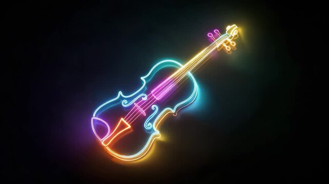 Neon Light Effect Violin Icon with Glowing Light Effects Isolated Dark Background, Video