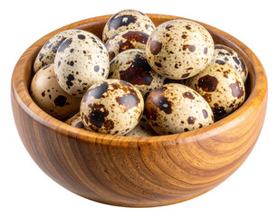 Obraz premium Wooden Bowl with Fresh Speckled Quail Eggs in Natural Arrangement Isolated on Transparent Background PNG