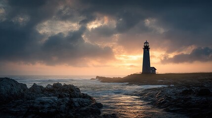 Fototapeta premium Dramatic lighthouse at dawn, stormy seas