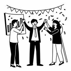 Line art of a team celebrating a company milestone with a banner, confetti, and success chart, clean and happy outline style