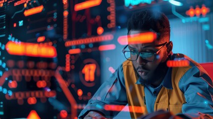 Man with glasses in front of a screen with red and blue graphics and wearing a safety vest