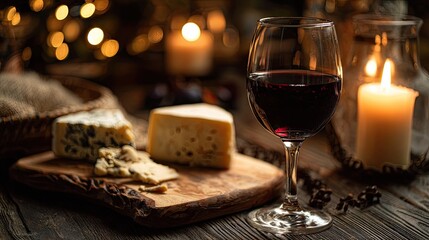 Wine, cheese, and candles on rustic table