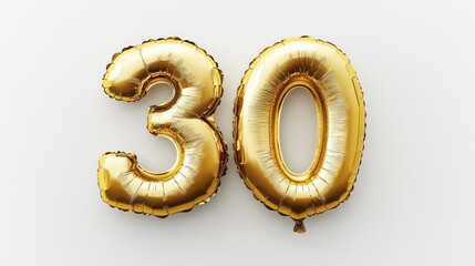 Golden 30th birthday balloons on white background, celebration