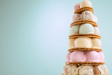 Colorful ice cream stacked atop a scoop of melting ice cream against a pastel background. A playful, indulgent dessert composition full of texture and whimsy.