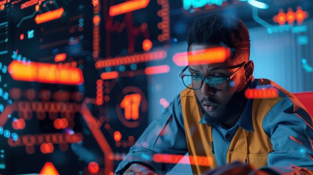 Man with glasses in front of a screen with red and blue graphics and wearing a safety vest - Powered by Adobe