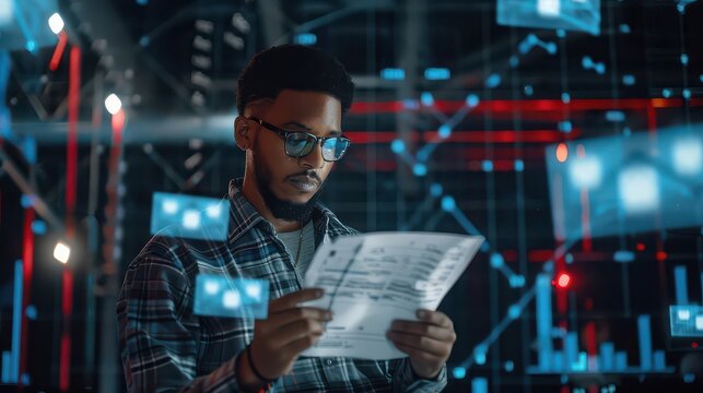 Man in glasses examining document in front of data visualizations and technology interface elements