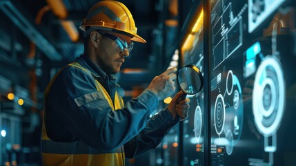Engineer inspecting digital display with magnifying glass in industrial setting at night time