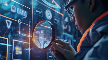 Person examining digital interface with magnifying glass in a futuristic environment setting tech focus