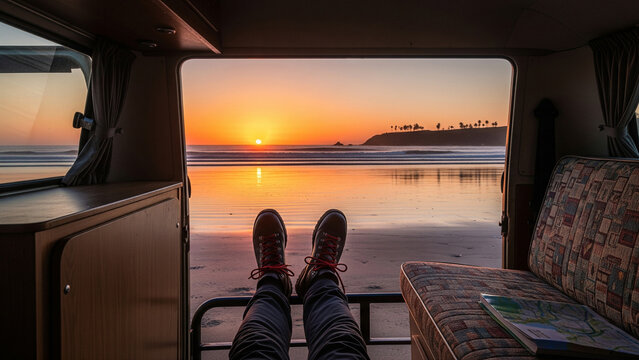 View from a Camper Van of a Beach Sunset at a Road Trip