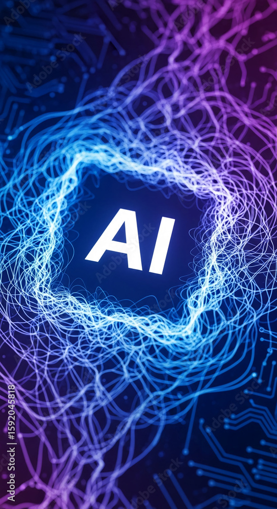 Poster abstract ai concept image featuring glowing blue and purple lines forming a square frame around the 