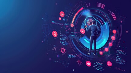 Man interacting with digital interface featuring circular hud elements and data visualizations around him