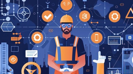 Man in hard hat and safety vest surrounded by technology icons and diagrams on a blue background