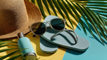 vibrant layflat summer aesthetics on Adobe Stock, showcasing beach-ready essentials like flip-flops, sunscreen, sunglasses, and palm leaves. Ideal for travel blogs, summer promotions, skincare ads