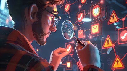 Man in glasses examining digital interface with checkmarks and warning signs with a tool