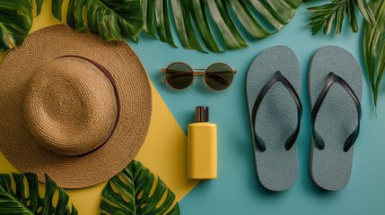 vibrant layflat summer aesthetics on Adobe Stock, showcasing beach-ready essentials like flip-flops, sunscreen, sunglasses, and palm leaves. Ideal for travel blogs, summer promotions, skincare ads