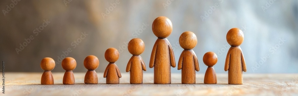 Poster this image features a series of wooden figures arranged to symbolize growth and development, illustr