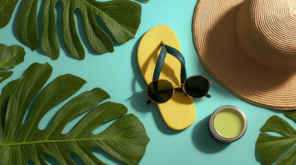 vibrant layflat summer aesthetics on Adobe Stock, showcasing beach-ready essentials like flip-flops, sunscreen, sunglasses, and palm leaves. Ideal for travel blogs, summer promotions, skincare ads