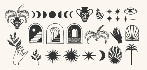 Mystical boho vector set with celestial symbols, hands, plants, vases, arches, and eyes. Ideal for spiritual designs, posters, wall art, and esoteric-themed branding. © cddesign.co
