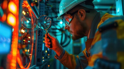 Man in hard hat inspecting server rack with magnifying glass in a data center environment closely