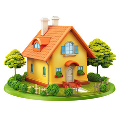 Cartoonish, yellow house with orange roof, nestled on a grassy knoll, surrounded by trees and a fence