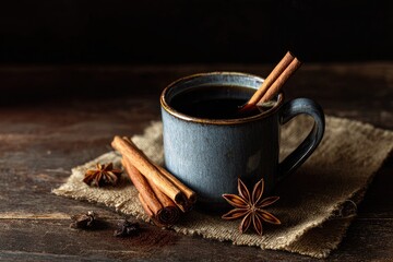 Dark mug of spiced drink on burlap