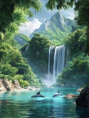 Dolphins swimming in a tropical lagoon with waterfall and jungle background.