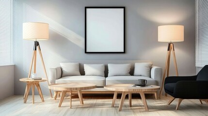 Modern living room with wooden furniture and lamps.