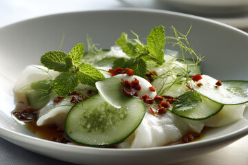 beautifully arranged plate of asian street food featuring delicate dumplings and fresh herbs