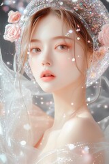 Beautiful fantasy woman portrait with sparkling veil and roses