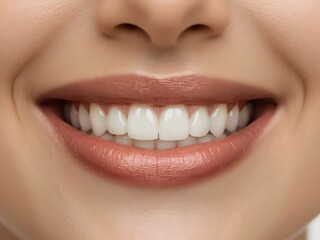 Close Up Macro Shot of a Mouth with Perfect White Teeth. Person Smiles. Female with Beatiful Natural Healthy Red Lips and Even Teeth with Pretty Smile.