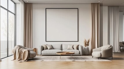 Modern beige living room with large blank canvas