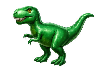 Obraz premium Green tyrannosaurus rex inflatable balloon grinning, floating against transparent backdrop, highlighting playful prehistoric character for festive party décor and creative graphic design