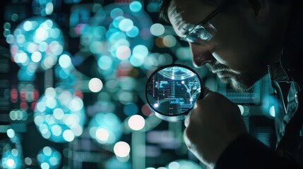 Man in glasses examining digital data with a magnifying glass in front of blurred blue lights