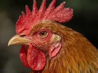 Close-up of a rooster's head with sharp details and natural lighting.
