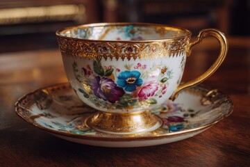 Ornate teacup and saucer with floral designs