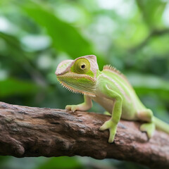 Obraz premium Chameleon Lizard: Green Reptile in Nature, Wildlife and Camouflage on a Branch