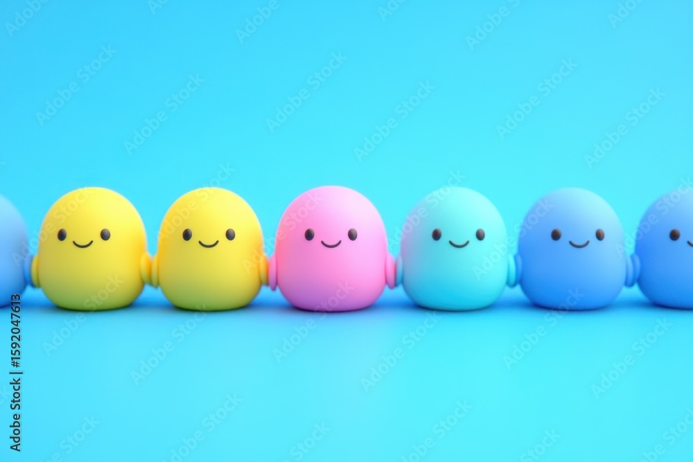 Aufkleber a vibrant display of colorful smiling characters in a row, showcasing happiness and playfulness. the