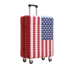 Travel to United States of America. USA flag suitcase isolated on white, transparent.  