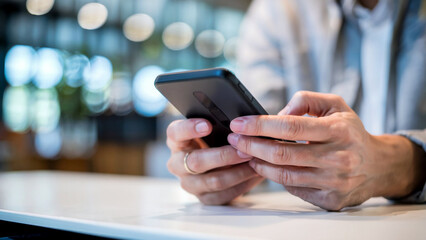 Close up of a person s hands holding a smartphone and typing on the touchscreen with a blurred background of lights