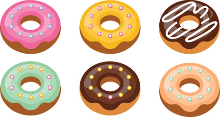 Obraz premium Delicious Donuts Assortment Vector Illustration with Colorful Glazes and Sprinkles on a Transparent Background