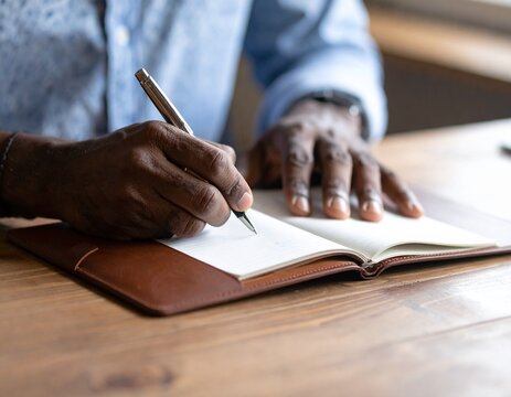 detailed close-up shot of mature male hands writing in a brown leather-bound notebook with a silver fountain pen, warm tungsten lighting creating soft shadows, focus on hands and pen, blurred vintage  - Powered by Adobe