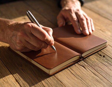 detailed close-up shot of mature male hands writing in a brown leather-bound notebook with a silver fountain pen, warm tungsten lighting creating soft shadows, focus on hands and pen, blurred vintage  - Powered by Adobe