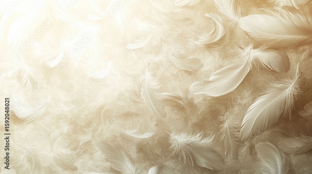 Poster soft and ethereal white feathers floating on a pale background, exuding serenity and lightness in a 