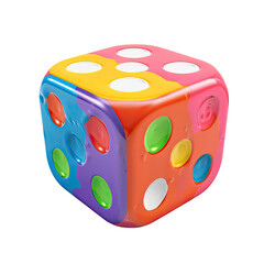 Colorful, candy-coated cube.  A die-shaped object with vibrant, multicolored,  glossy surfaces, like melted candy or slime.  White dots on each side
