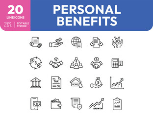 Personal Benefits Icon Set: Financial and Economic Concepts in Line Art.