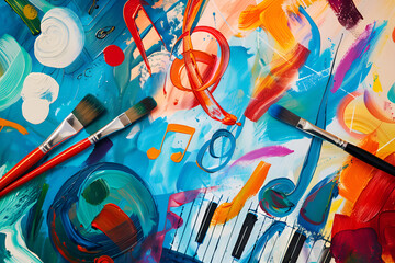 Back to school: colorful abstract painting with musical notes and vibrant brush strokes, featuring paint splashes and artistic tools, creating a lively atmosphere for creative expression