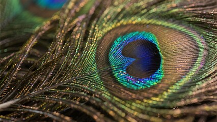 Obraz premium Close-up macro shot of iridescent peacock feather, showcasing vibrant green, blue, and gold colors, intricate details, and shimmering texture; nature background
